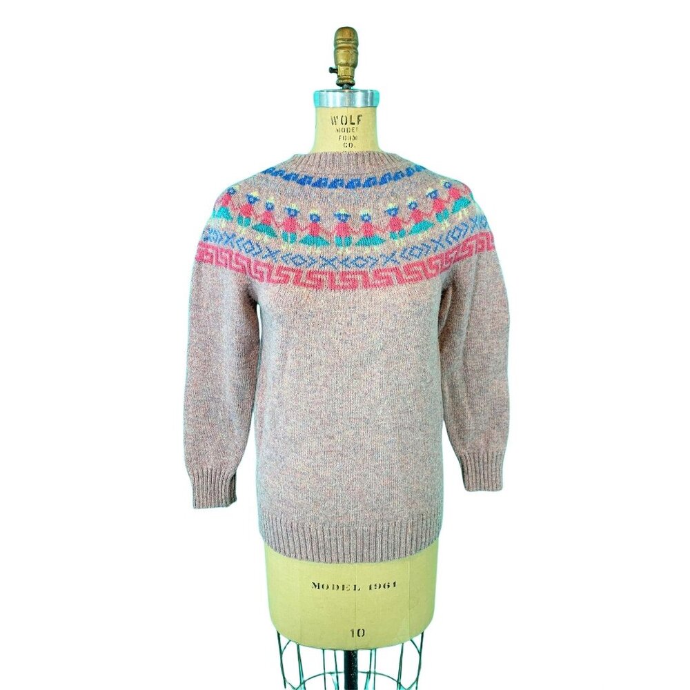 Vintage 80s Fair Isle Sweater Womens XS Pink People Metallic Novelty Pullover - Picture 3 of 10